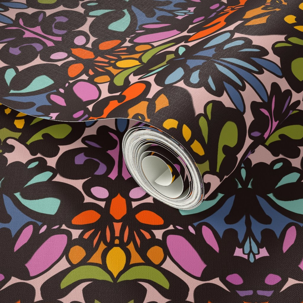 Roll of colorful floral-patterned fabric with a close-up view. Designed by artist Leila Simon Hayes. 