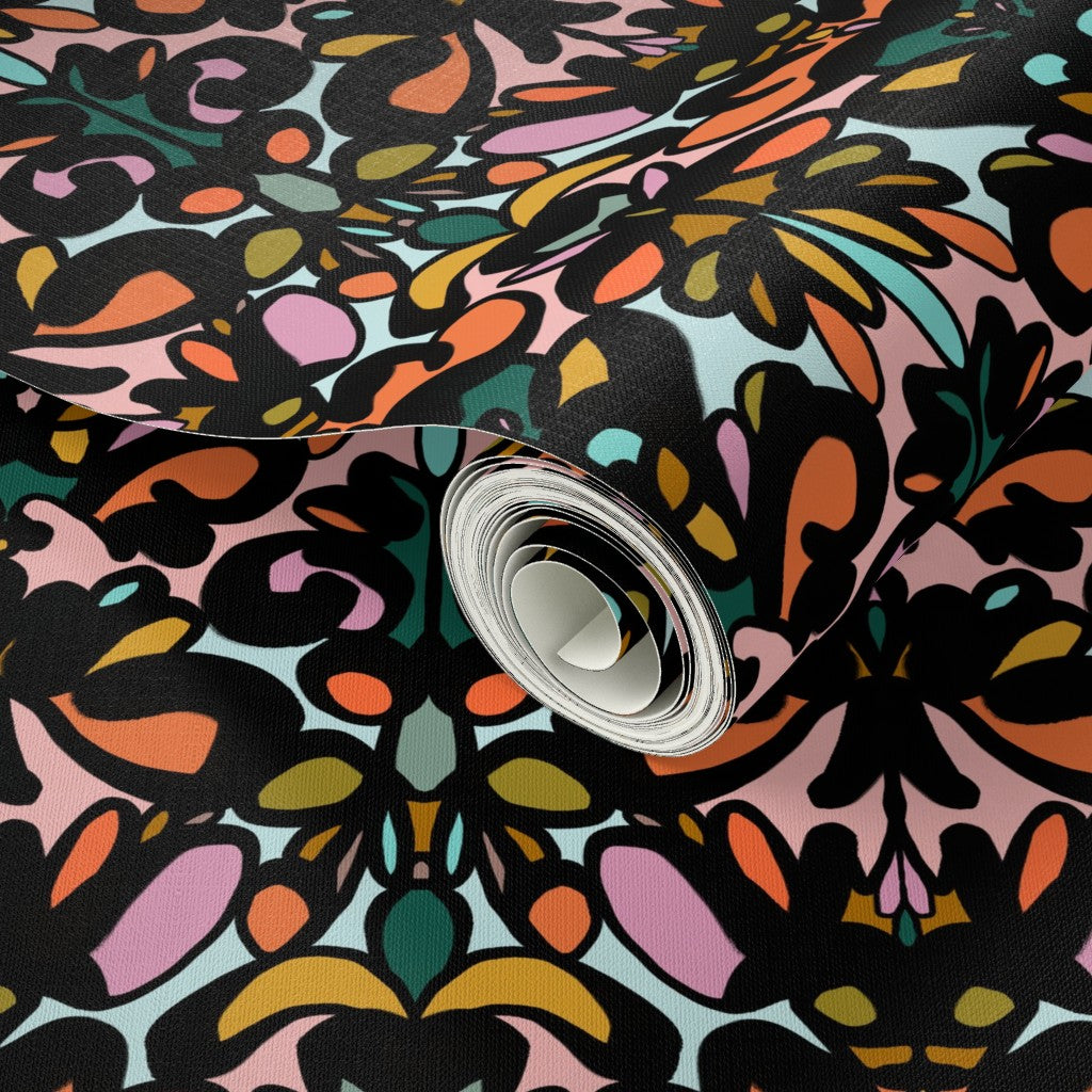 Roll of colorful floral-patterned fabric with a close-up view. Designed by artist Leila Simon Hayes. 