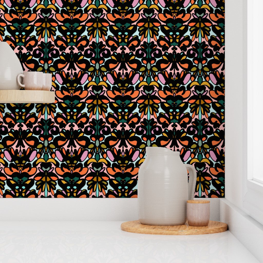 Decorative wallpaper with a colorful abstract pattern in a room with a shelf and decorative items. Designed by artist Leila Simon Hayes. 