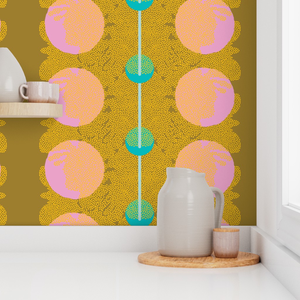 Decorative wallpaper with colorful circle pattern in a room with kitchenware. Designed by artist Leila Simon Hayes.