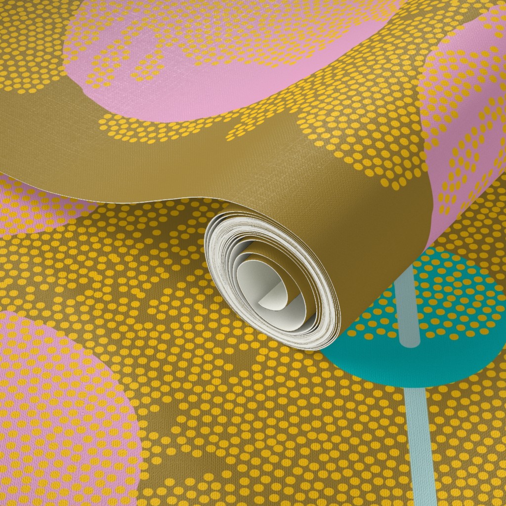 Roll of patterned wallpaper with geometric design on a colorful background. Designed by artist Leila Simon Hayes.
