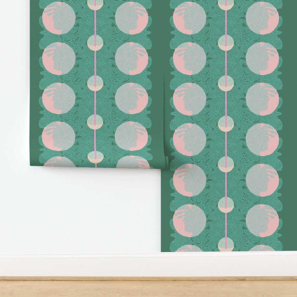 Wallpaper with geometric pattern on a white surface. Designed by artist Leila Simon Hayes.