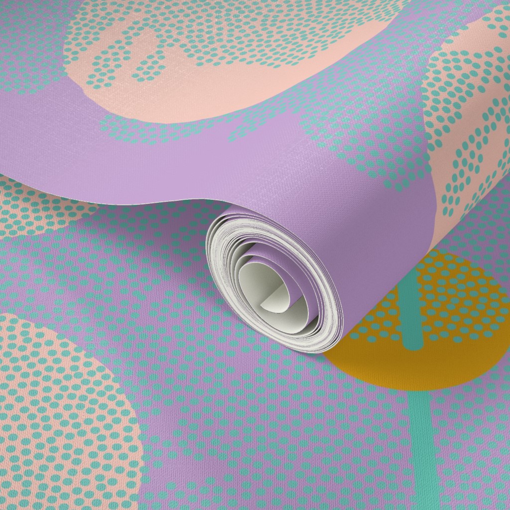 Roll of colorful wallpaper with abstract patterns on a matching background. Designed by artist Leila Simon Hayes.