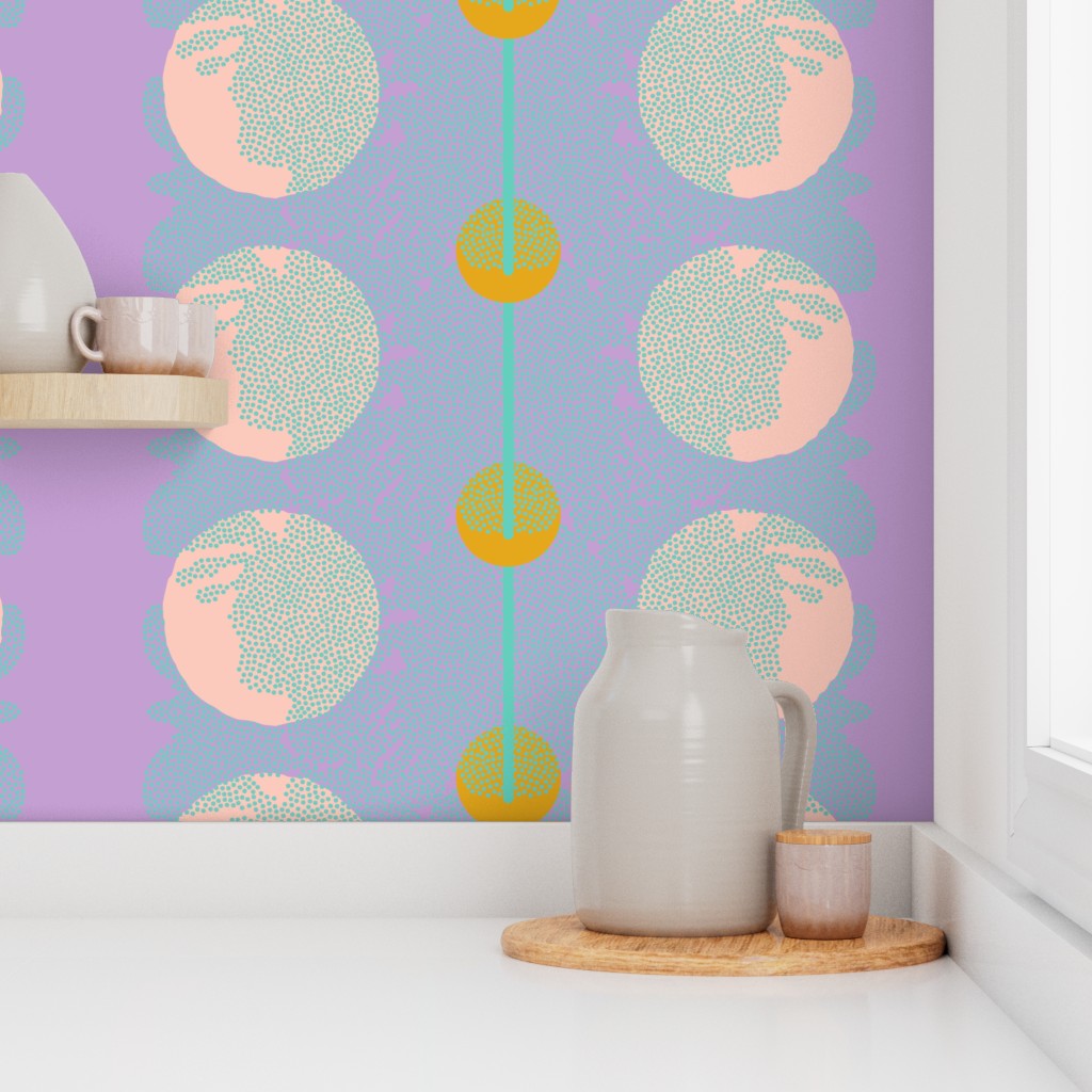 Decorative wallpaper with circular patterns in pastel colors on a purple background, with a white shelf and decorative items. Designed by artist Leila Simon Hayes.