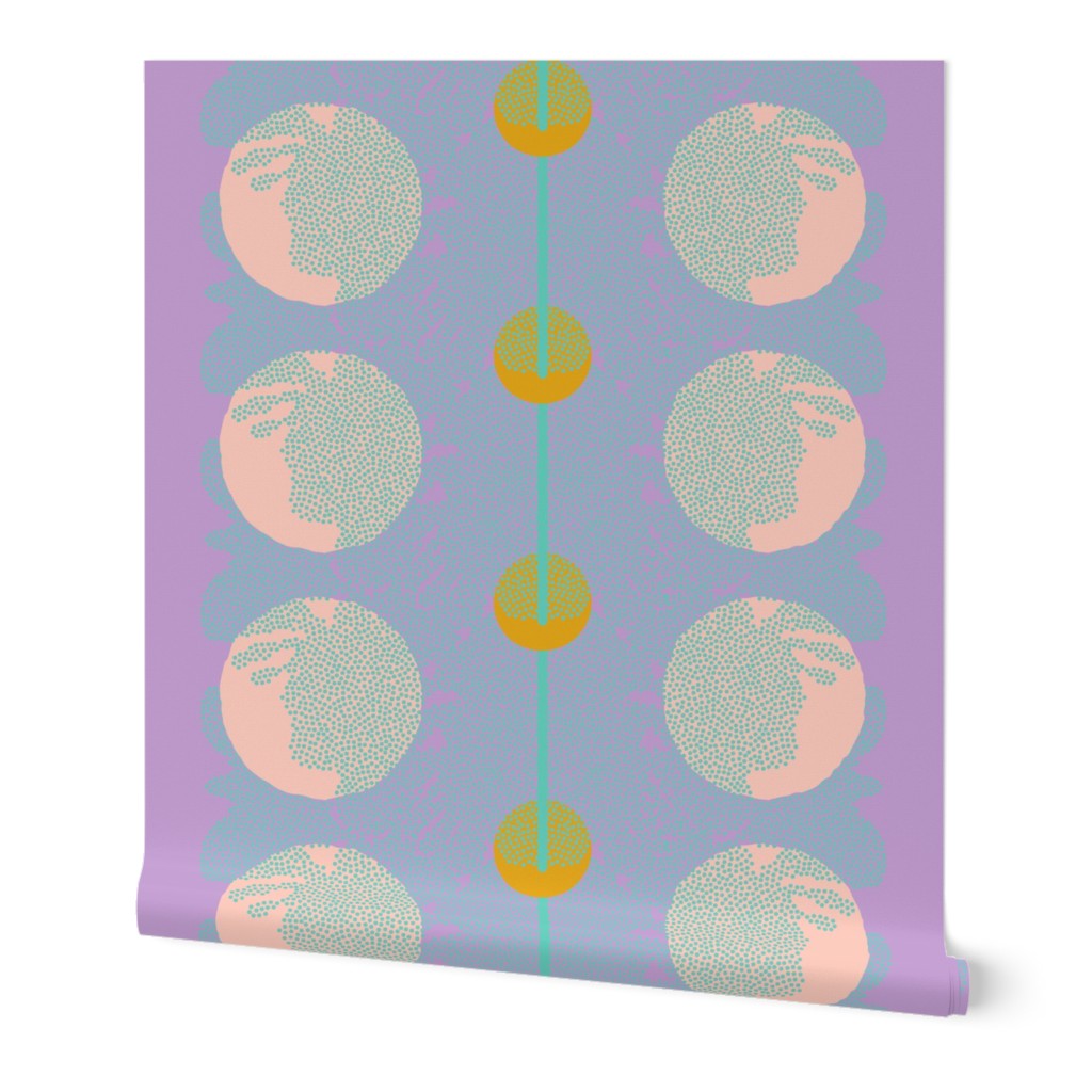 Roll of wallpaper with an abstract pattern of yellow and pink circles on a purple background, with a central blue line down the middle. Designed by artist Leila Simon Hayes.