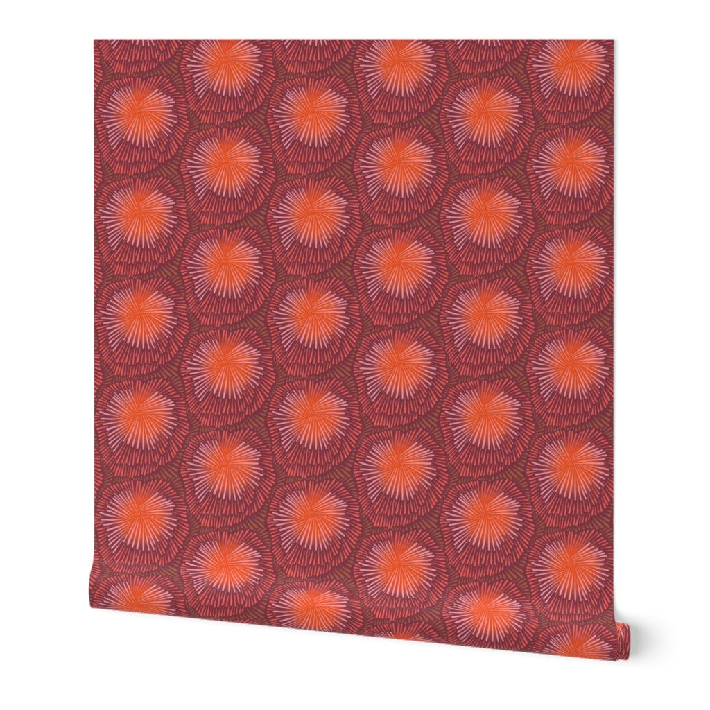 A roll of peel-and-stick wallpaper unraveled, on a white background. The abstract wallpaper design has pink and red firework pattern bursts on a maroon base. Designed by artist Leila Simon Hayes.