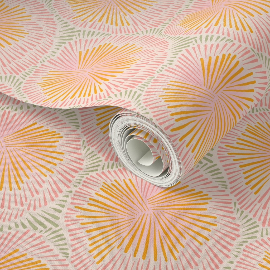 Roll of wallpaper with a colorful sun burst geometric pattern on a matching background. Designed by artist Leila Simon Hayes.