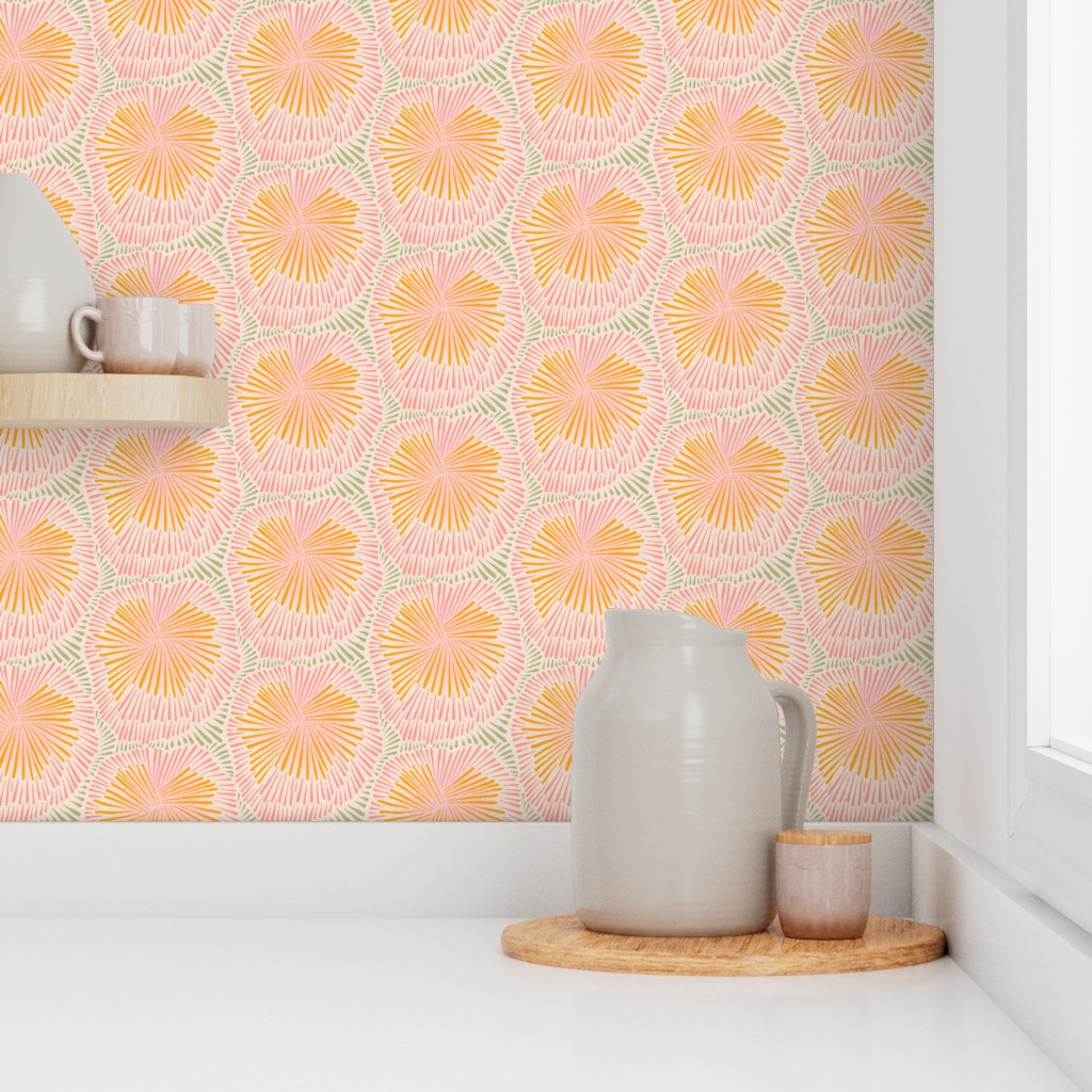 Kitchen scene with a pitcher and small bowl on a wooden tray against a patterned wall. Designed by artist Leila Simon Hayes.