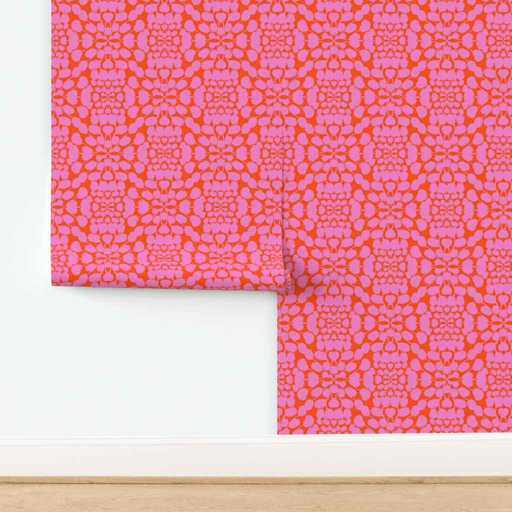 Pink patterned paper on a white background. Designed by artist Leila Simon Hayes. 