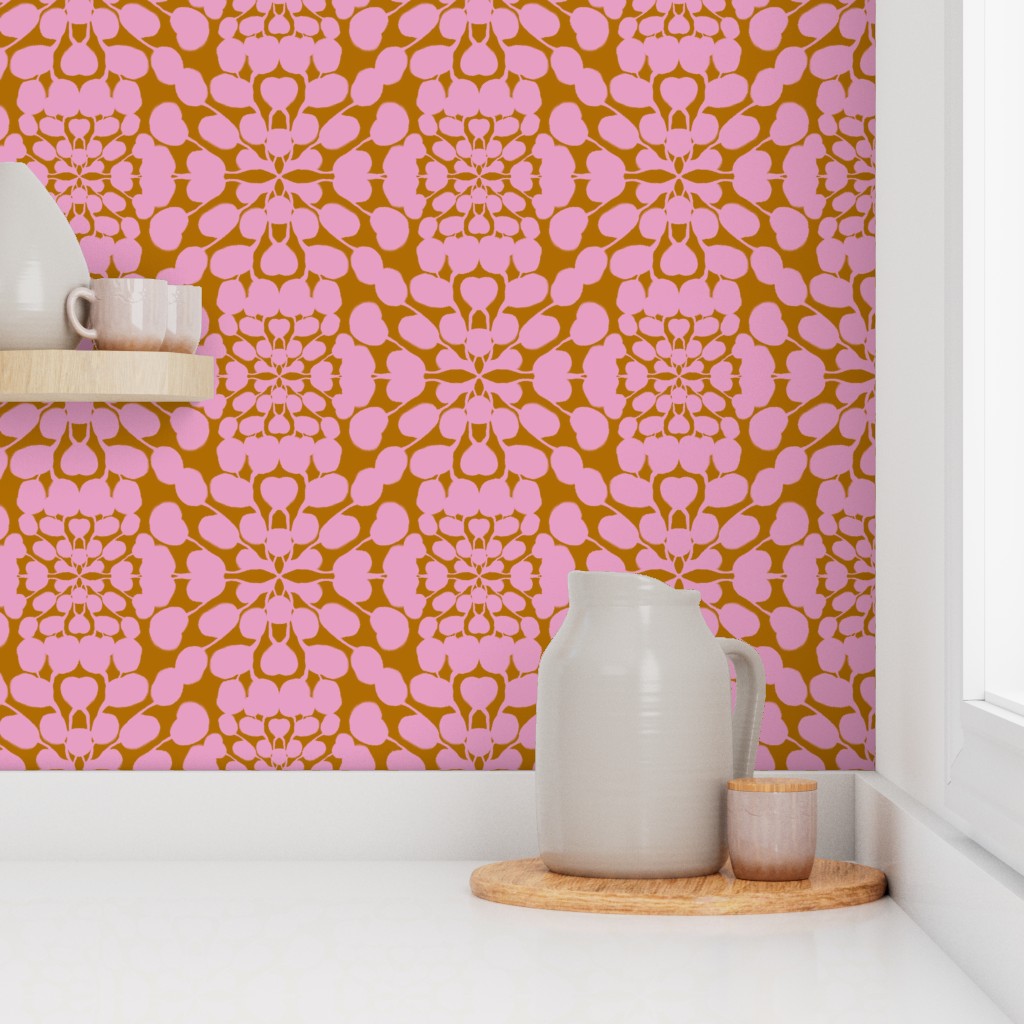 Decorative pink and mustard patterned wallpaper with ceramic items on a shelf. Designed by artist Leila Simon Hayes.