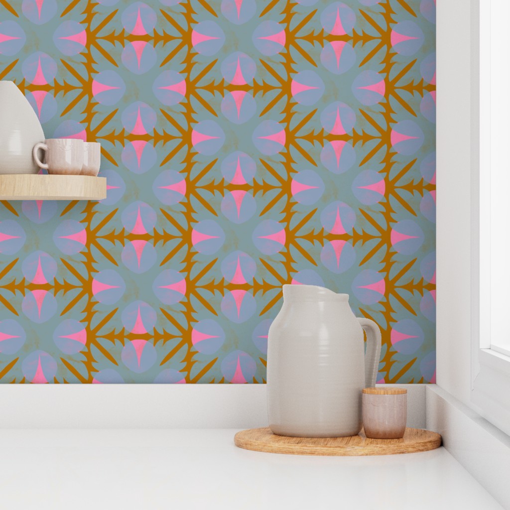 Decorative wall with geometric pattern, white pitcher, and ceramic items on a shelf. Designed by artist Leila Simon Hayes 