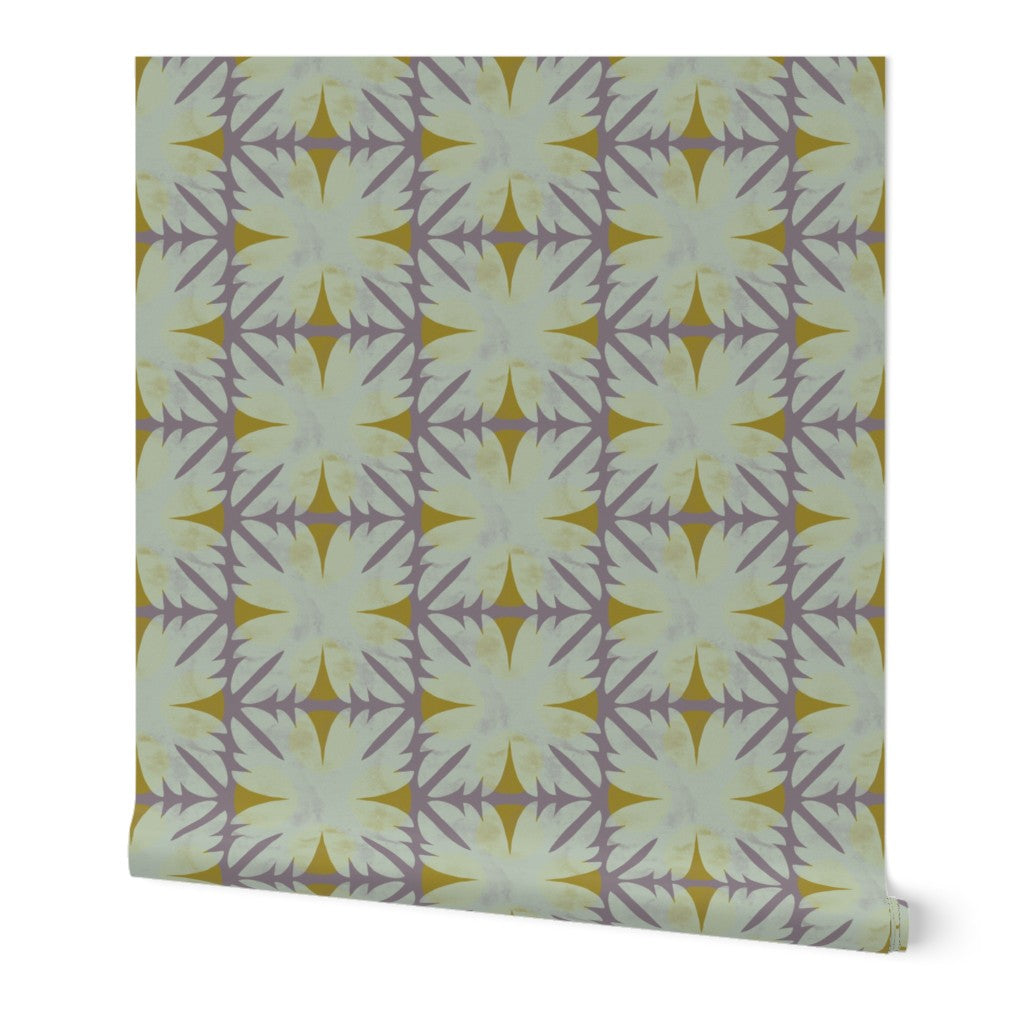 Roll of fabric with a geometric pattern on a white background. Designed by artist Leila Simon Hayes.