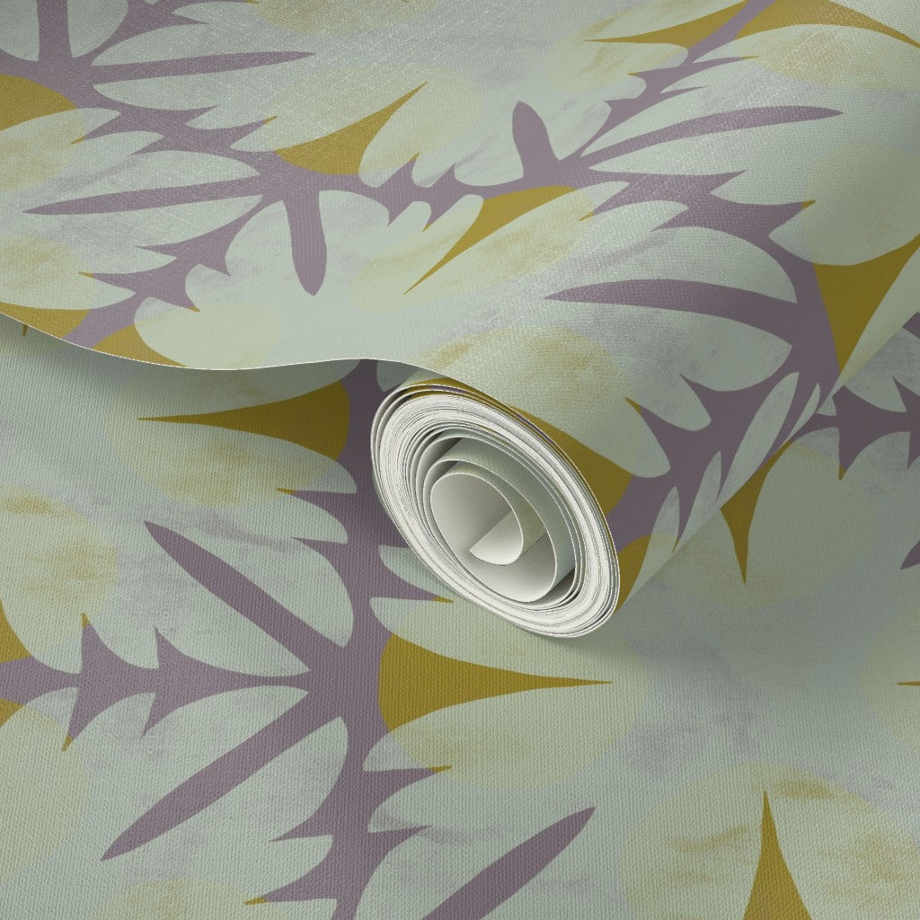 Roll of wallpaper with a floral pattern on a light background. Designed by artist Leila Simon Hayes.