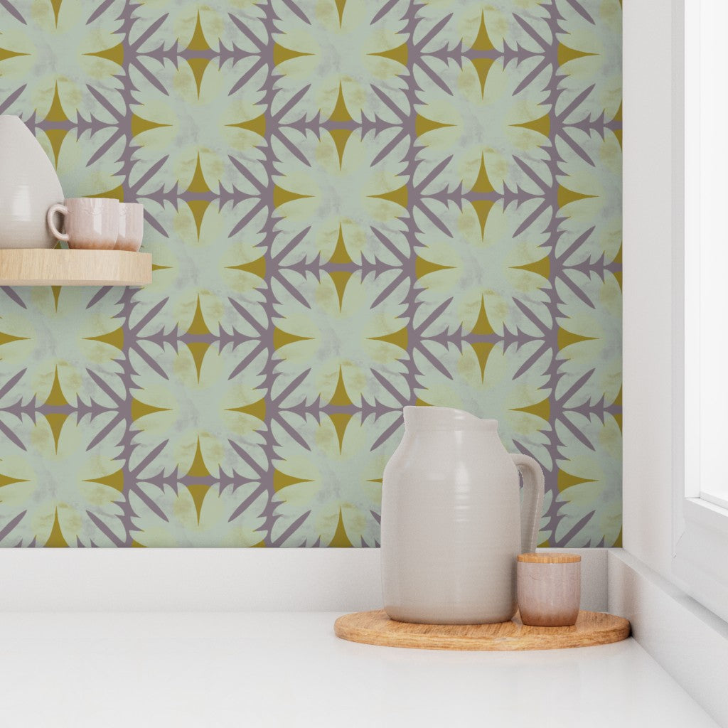 Decorative wallpaper with geometric pattern in a room with ceramic items on a shelf. Designed by artist Leila Simon Hayes 