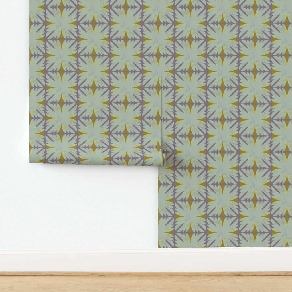Patterned wallpaper with geometric design on a white background. Designed by artist Leila Simon Hayes.