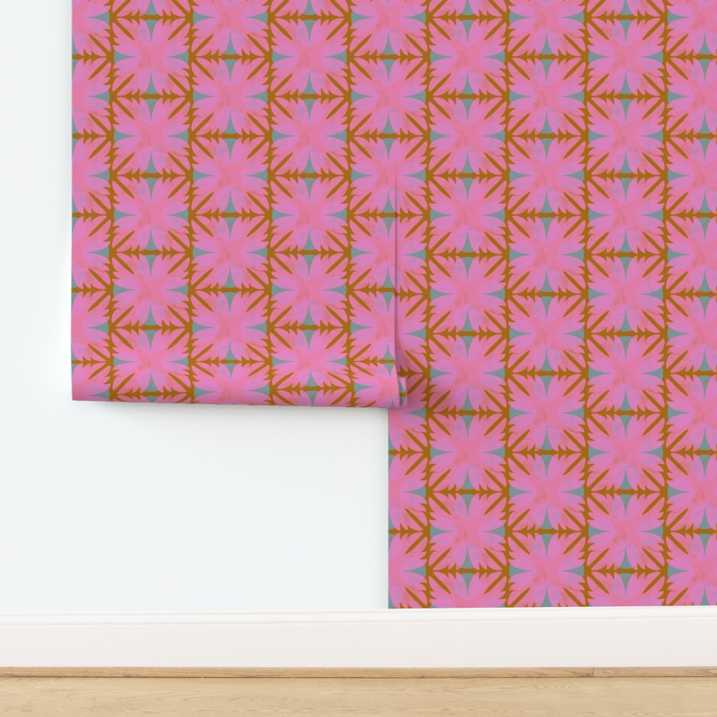 Pink geometric patterned paper on a white background. Designed by artist Leila Simon Hayes. 