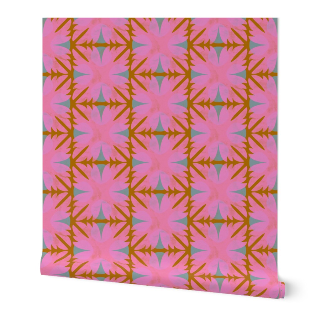 Roll of wallpaper with a pink and orange geometric pattern on a white background. Designed by artist Leila Simon Hayes. 