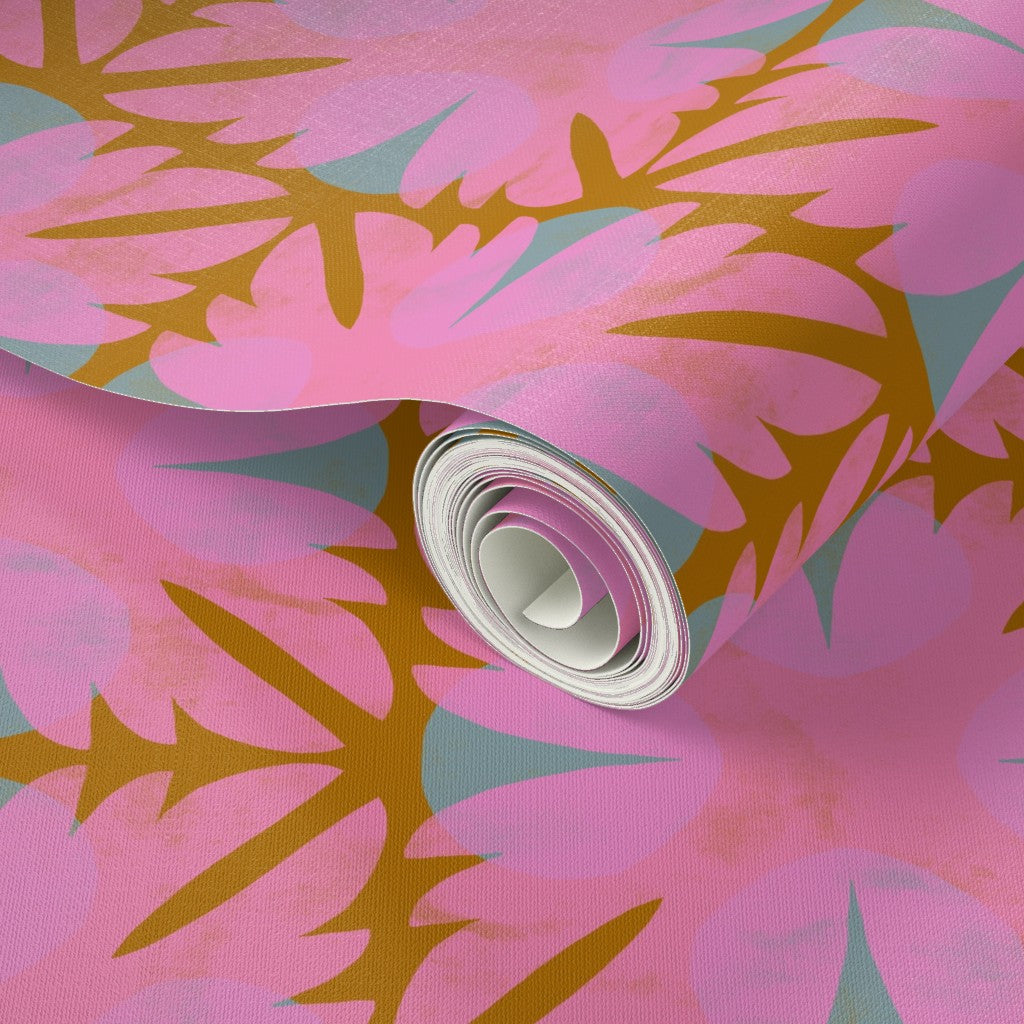Roll of pink and brown floral-patterned paper. Designed by artist Leila Simon Hayes. 