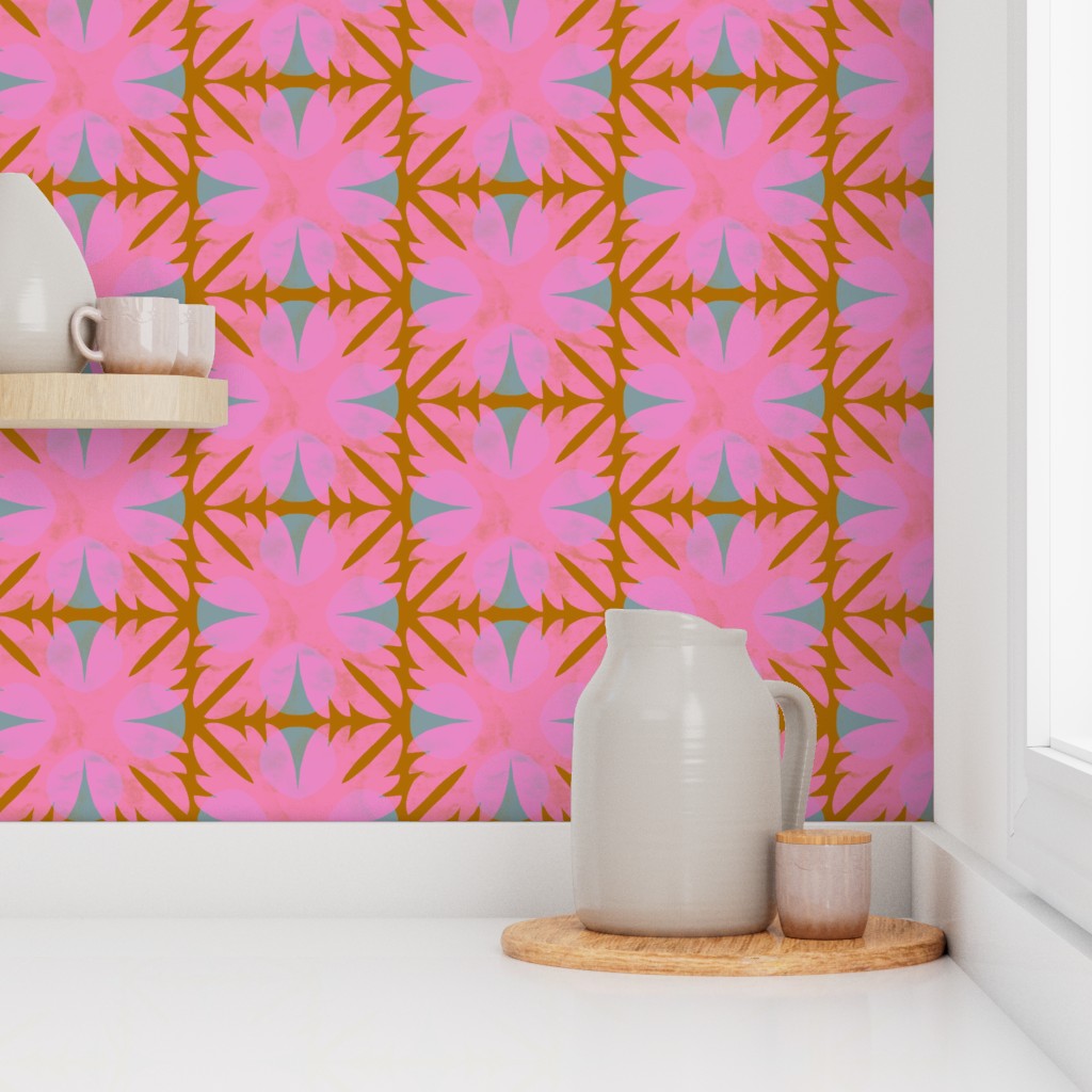 Decorative wall with pink and gold geometric pattern, ceramic pitcher, and small container on a shelf. Designed by artist Leila Simon Hayes. 