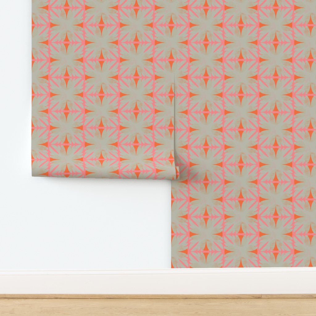 Roll of wallpaper with a geometric pattern on a white background. Designed by artist Leila Simon Hayes.