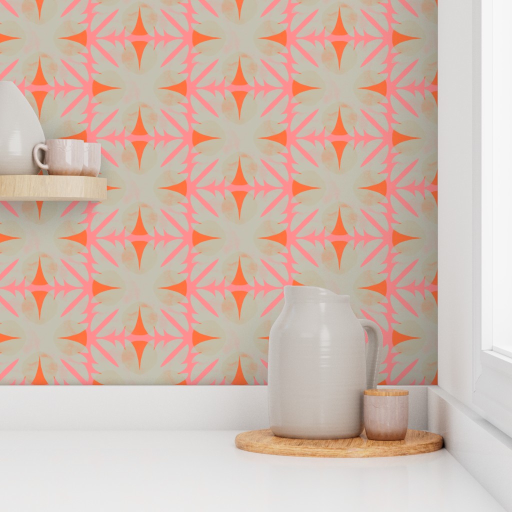 Decorative wall with pink geometric pattern, white shelves with ceramic items. Designed by artist Leila Simon Hayes.