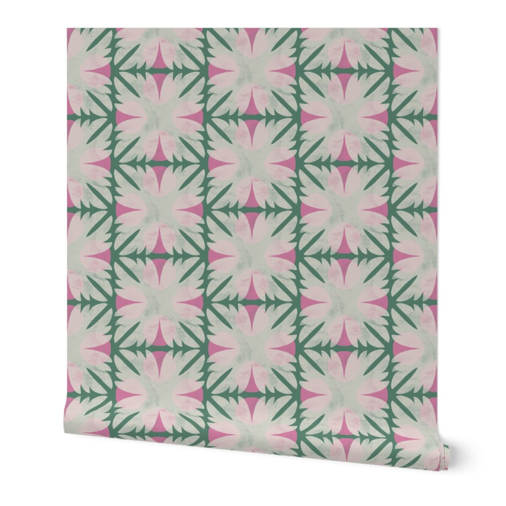 Patterned fabric with pink and green design on a white background. Designed by artist Leila Simon Hayes. 