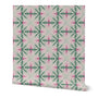Patterned fabric with pink and green design on a white background. Designed by artist Leila Simon Hayes. 