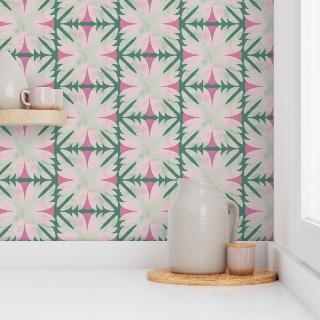 Nautical-themed room with patterned wallpaper, wooden shelf, and decorative items. Designed by artist Leila Simon Hayes. 