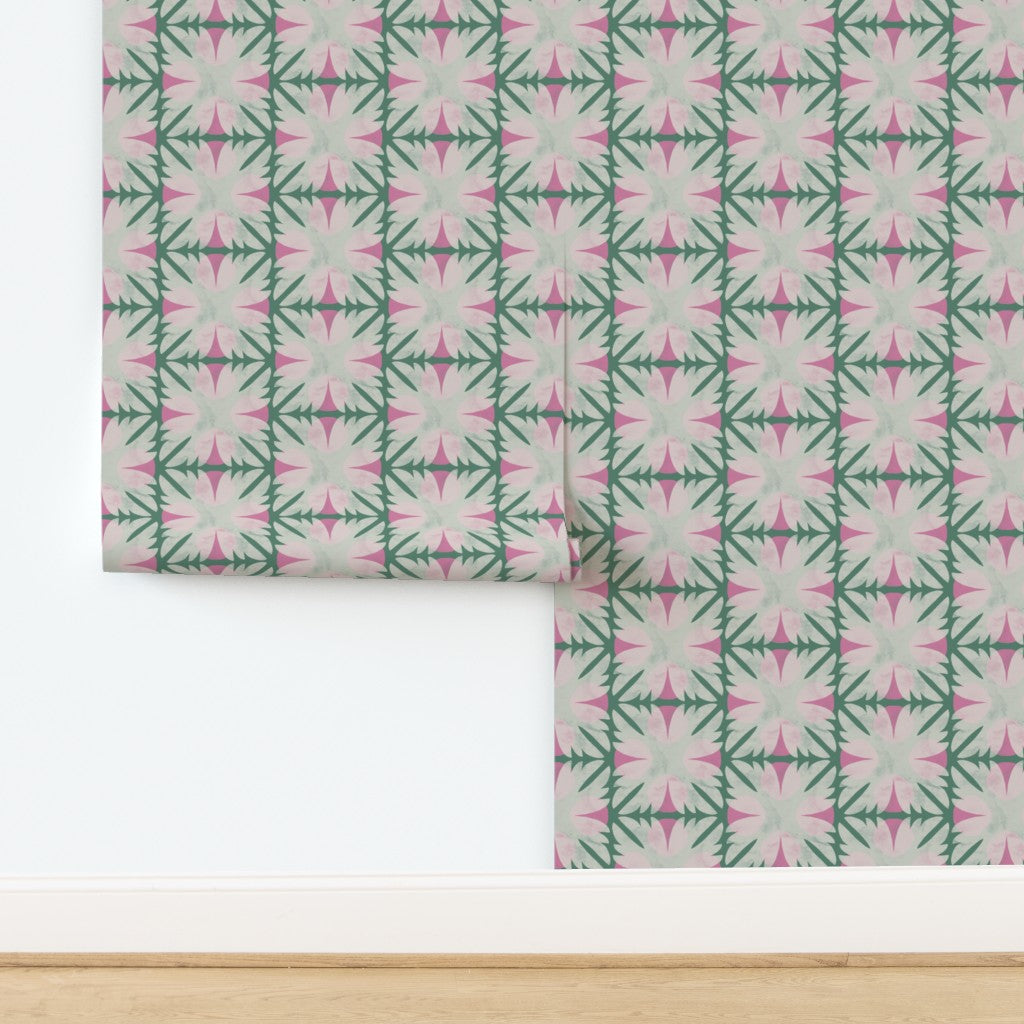 Patterned wallpaper with geometric design on a white background. Designed by artist Leila Simon Hayes. 