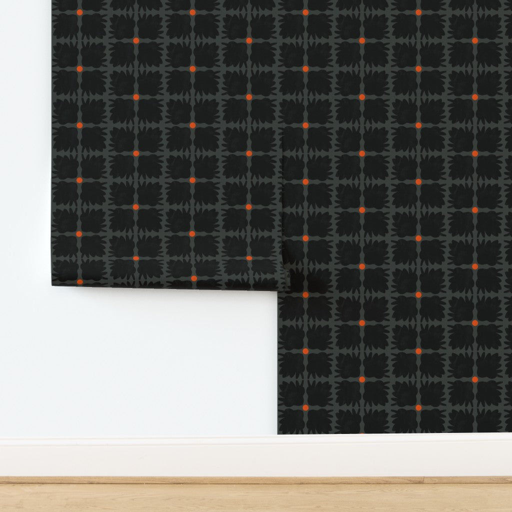 Floral green and black wallpaper pattern on a white background. Designed by artist Leila Simon Hayes.