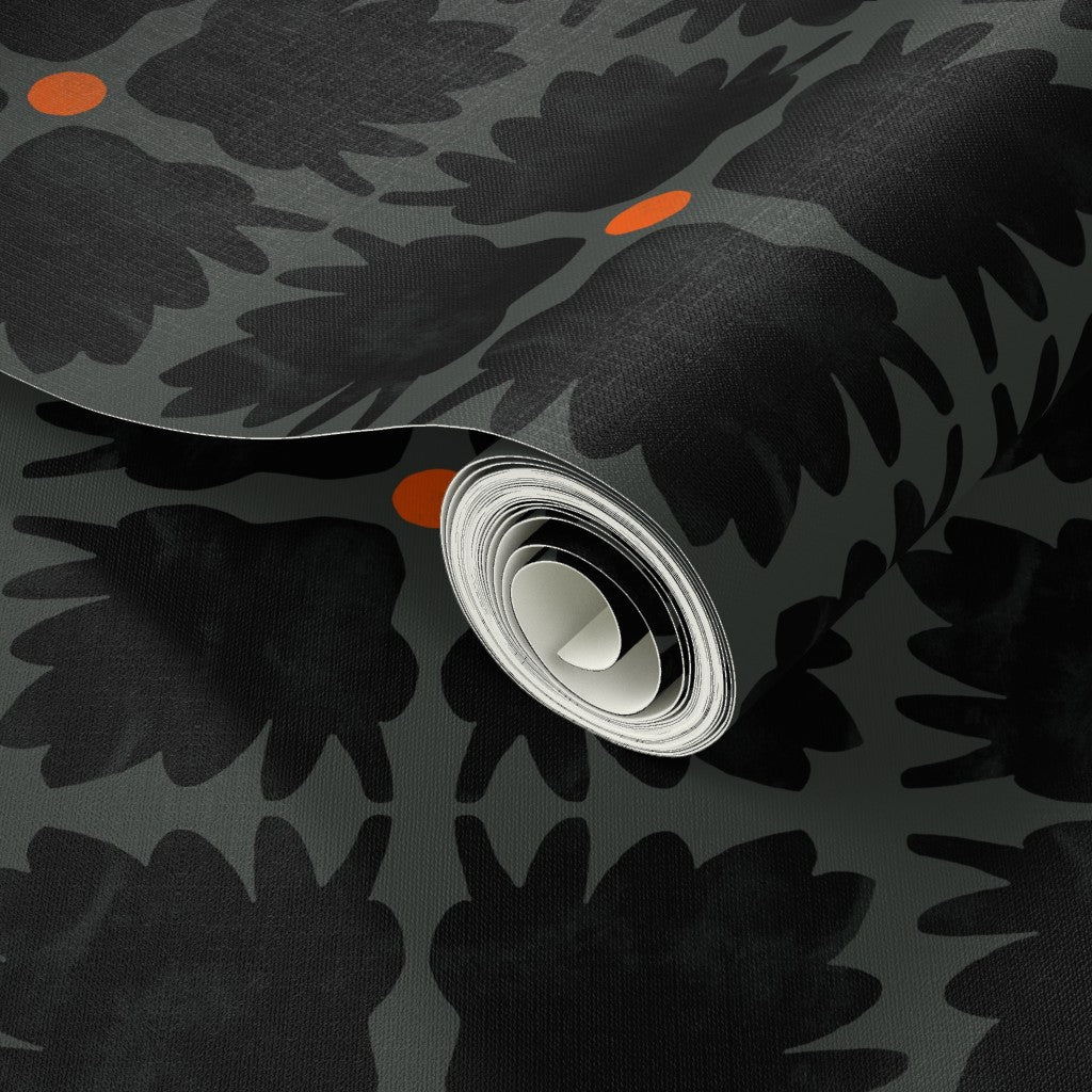 Roll of black floral-patterned wallpaper. Designed by artist Leila Simon Hayes.