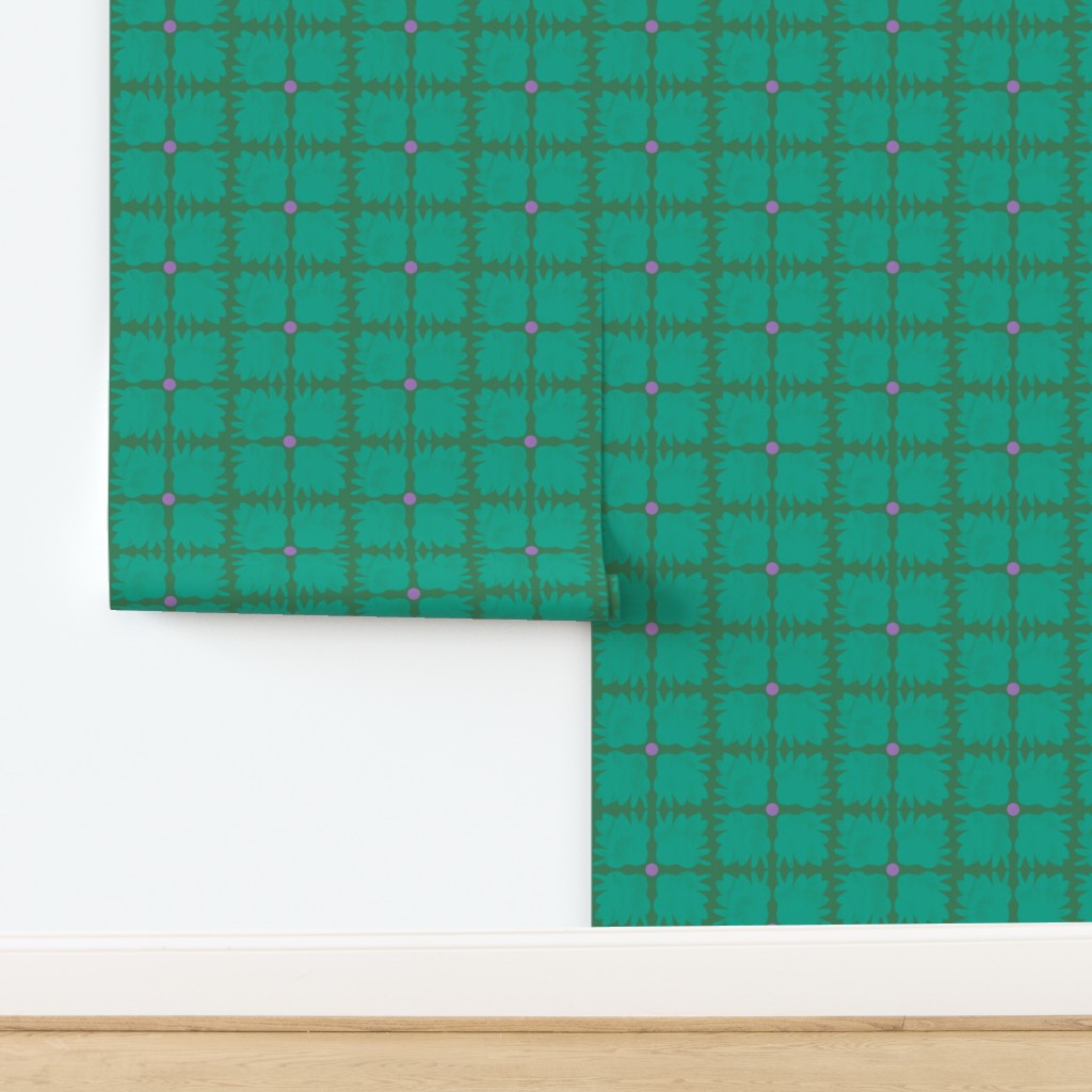 Green wallpaper with a floral and tile design on a white background. Designed by artist Leila Simon Hayes.