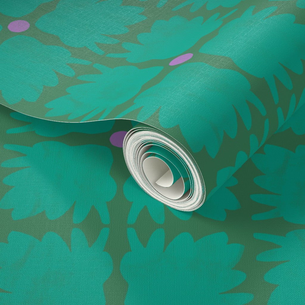 Roll of green floral-patterned paper. Designed by artist Leila Simon Hayes.