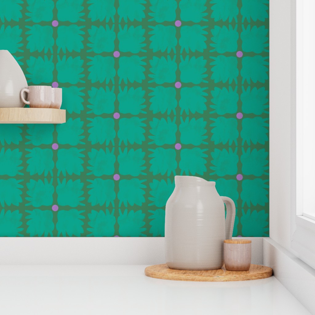 Kitchen scene with a green patterned wall, white pitcher, and wooden tray. Designed by artist Leila Simon Hayes.