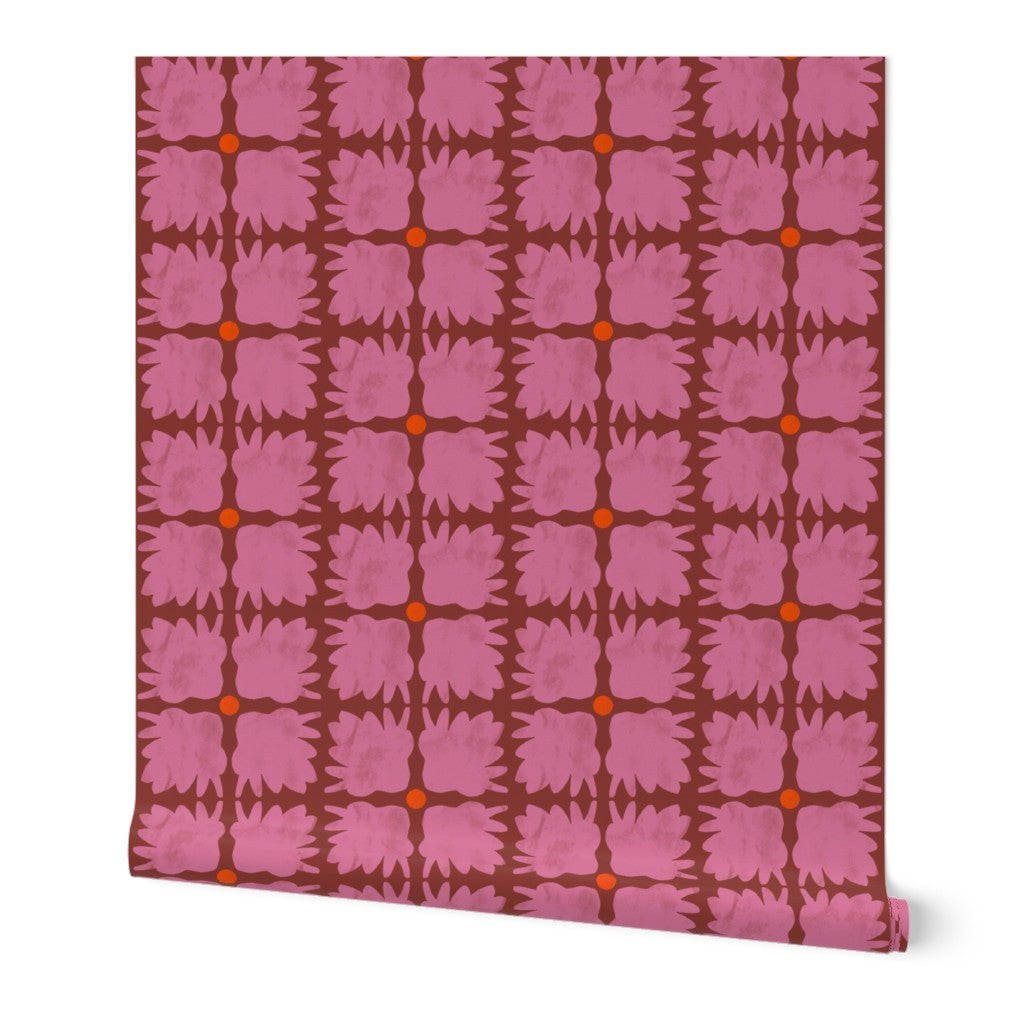Pink floral patterned fabric on a white background. Designed by artist Leila Simon Hayes.