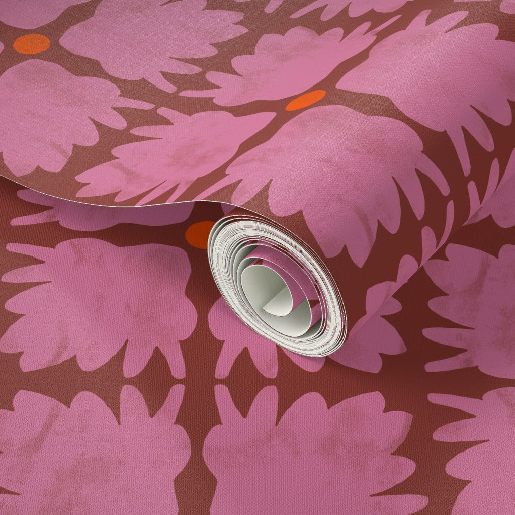 Roll of pink floral-patterned wallpaper. Designed by artist Leila Simon Hayes.