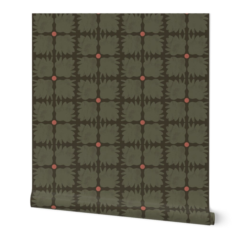 Roll of wallpaper with a geometric pattern on a white background. Designed by artist Leila Simon Hayes.