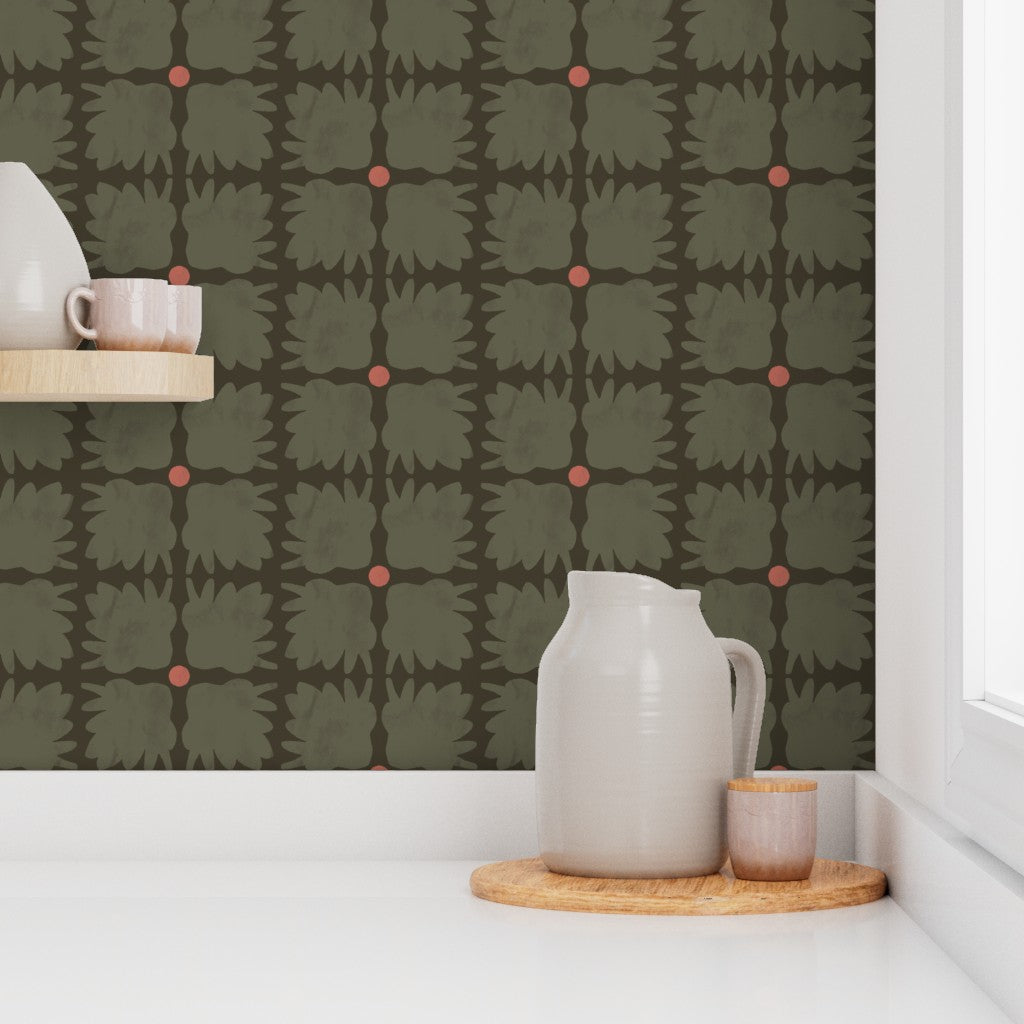 Kitchen scene with a white pitcher on a wooden tray against a patterned green wall. Designed by artist Leila Simon Hayes.