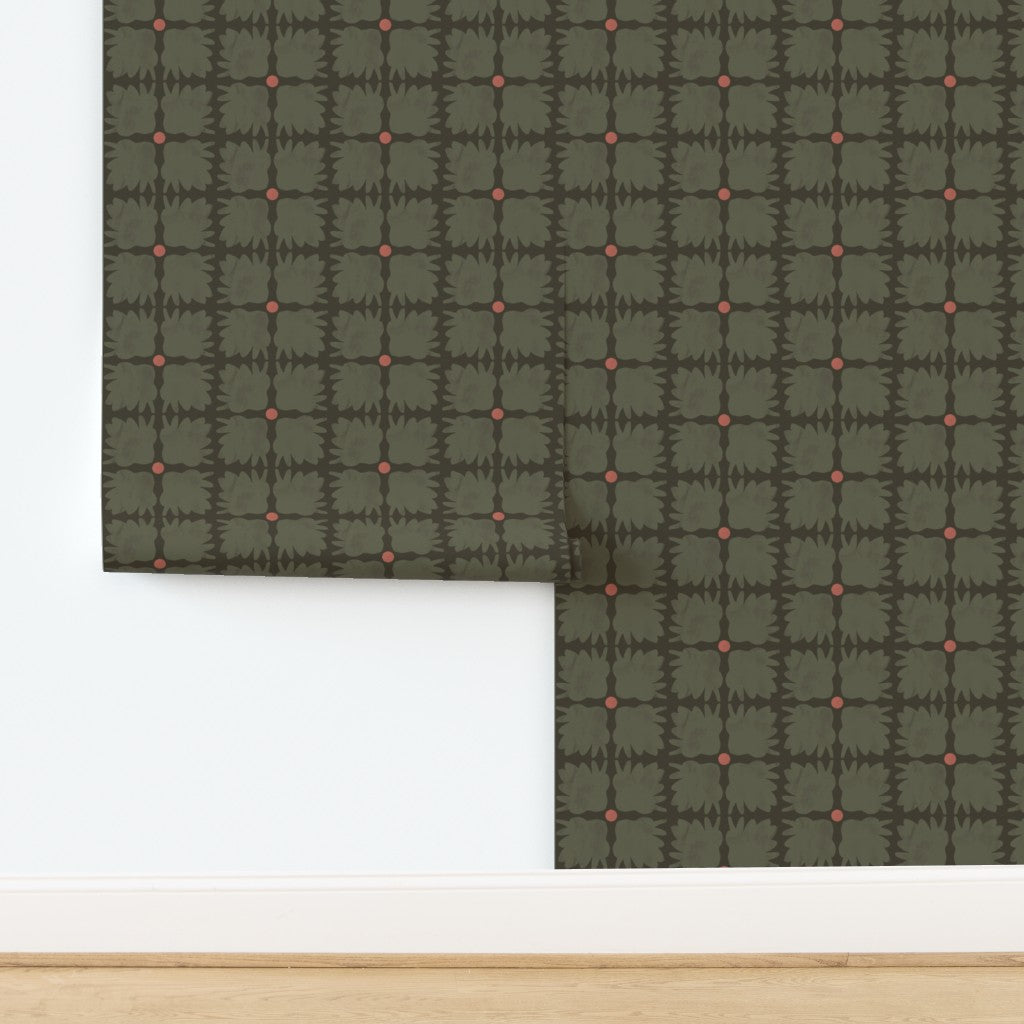 Patterned wallpaper with geometric design on a white background. Designed by artist Leila Simon Hayes.