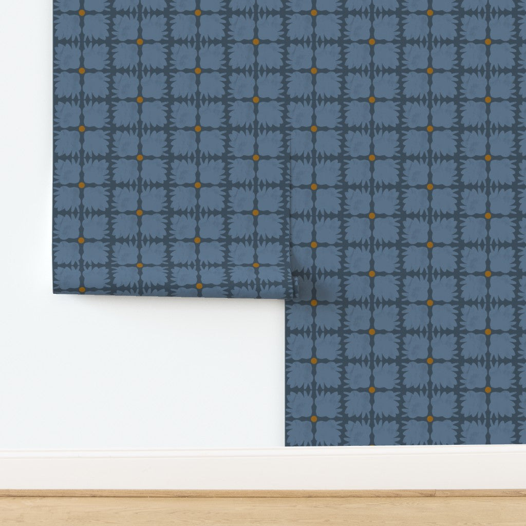 Patterned wallpaper with geometric design on a white background. Designed by artist Leila Simon Hayes.