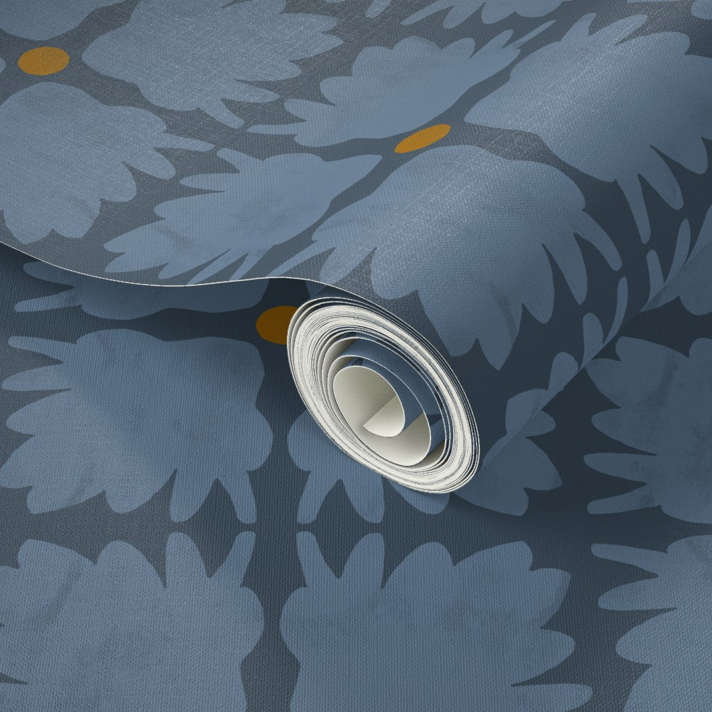 Roll of blue floral-patterned wallpaper. Designed by artist Leila Simon Hayes.