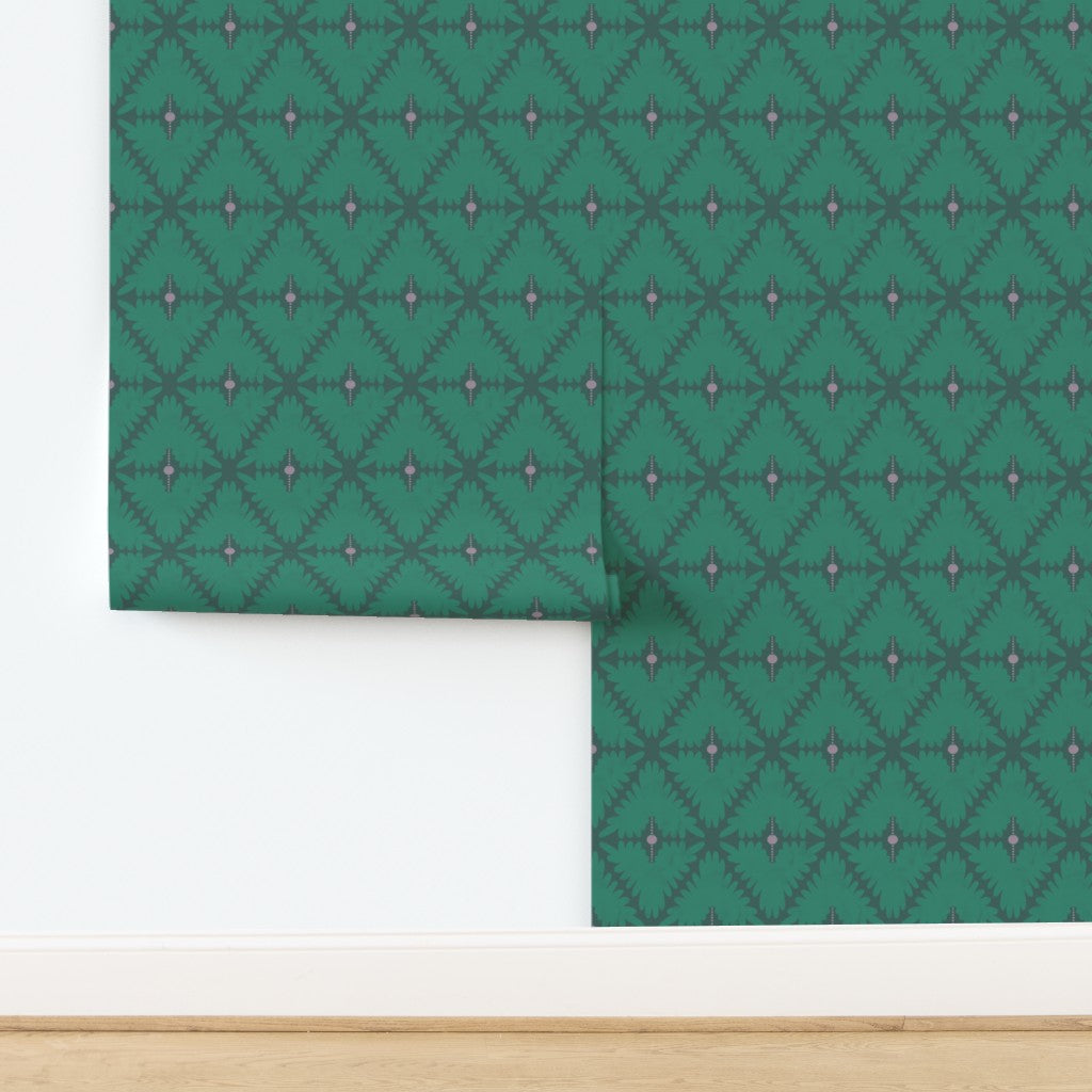 Patterned wallpaper with geometric design on a white background. Designed by artist Leila Simon Hayes. 