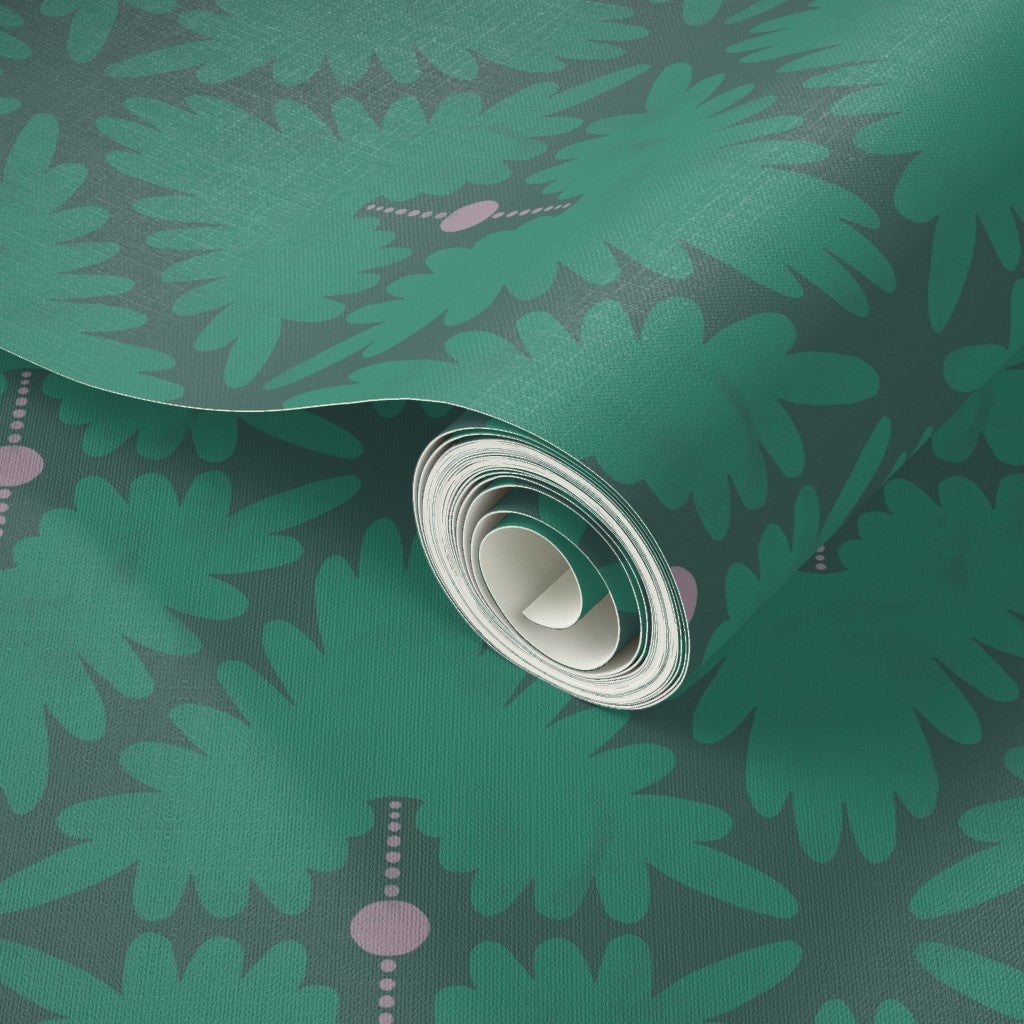 Green roll of wallpaper with leaf pattern and roll-up design. Designed by artist Leila Simon Hayes. 