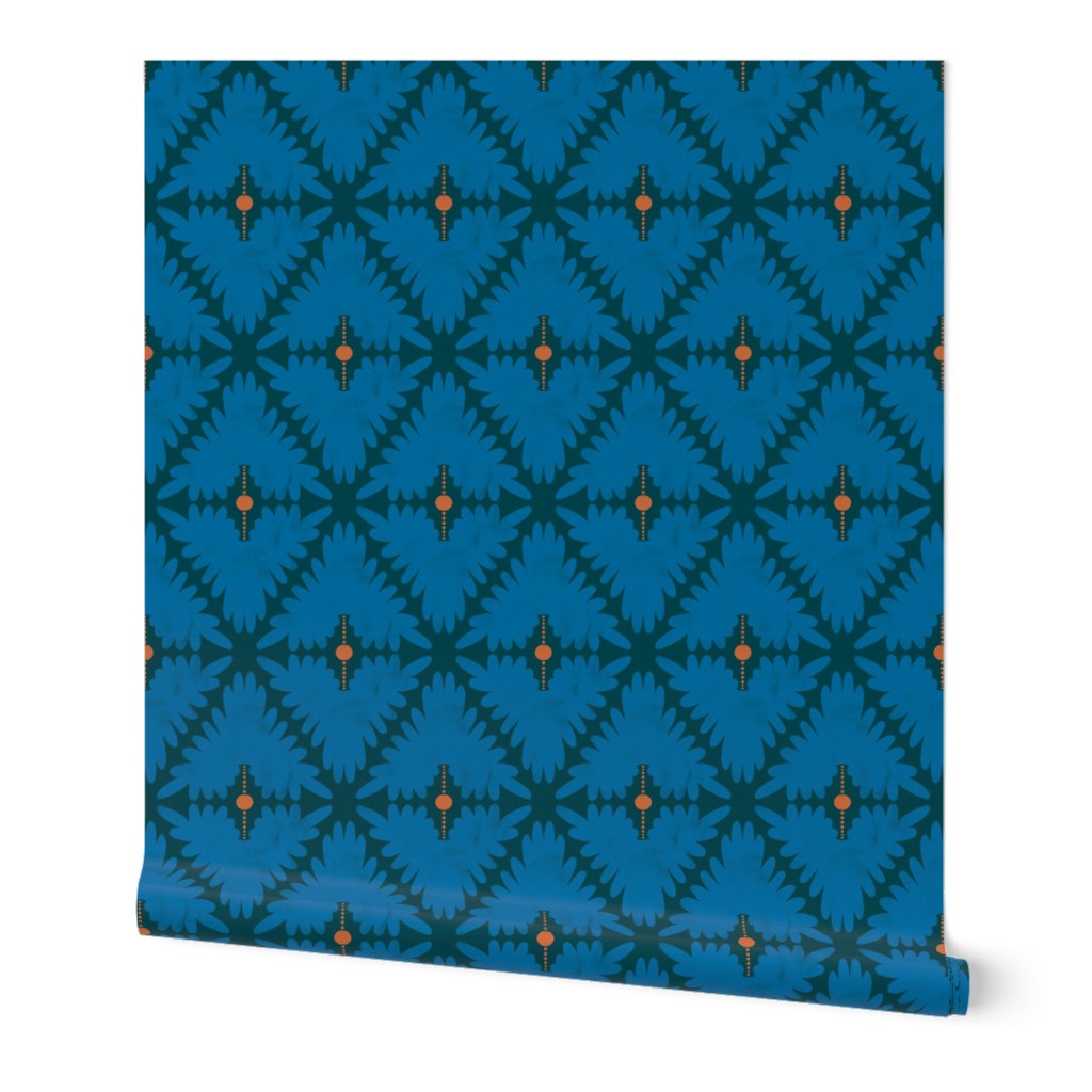 Roll of blue paper with geometric pattern on a white background. Designed by artist Leila Simon Hayes. 