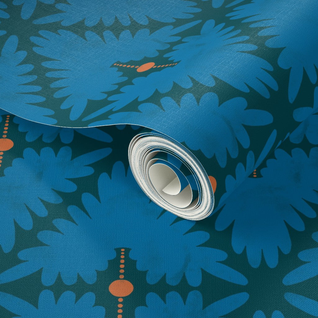 Roll of blue floral-patterned wallpaper. Designed by artist Leila Simon Hayes. 