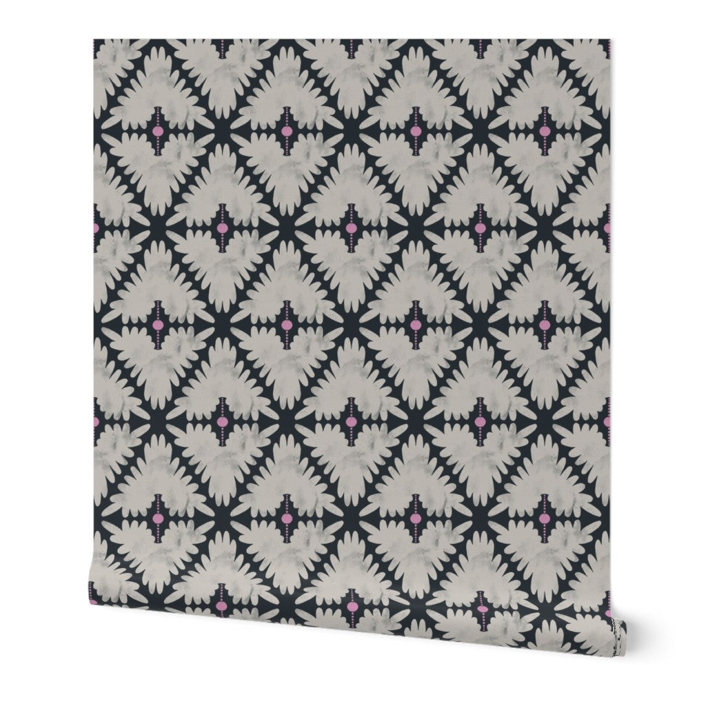 Roll of wallpaper with a geometric pattern on a white background. Designed by artist Leila Simon Hayes.