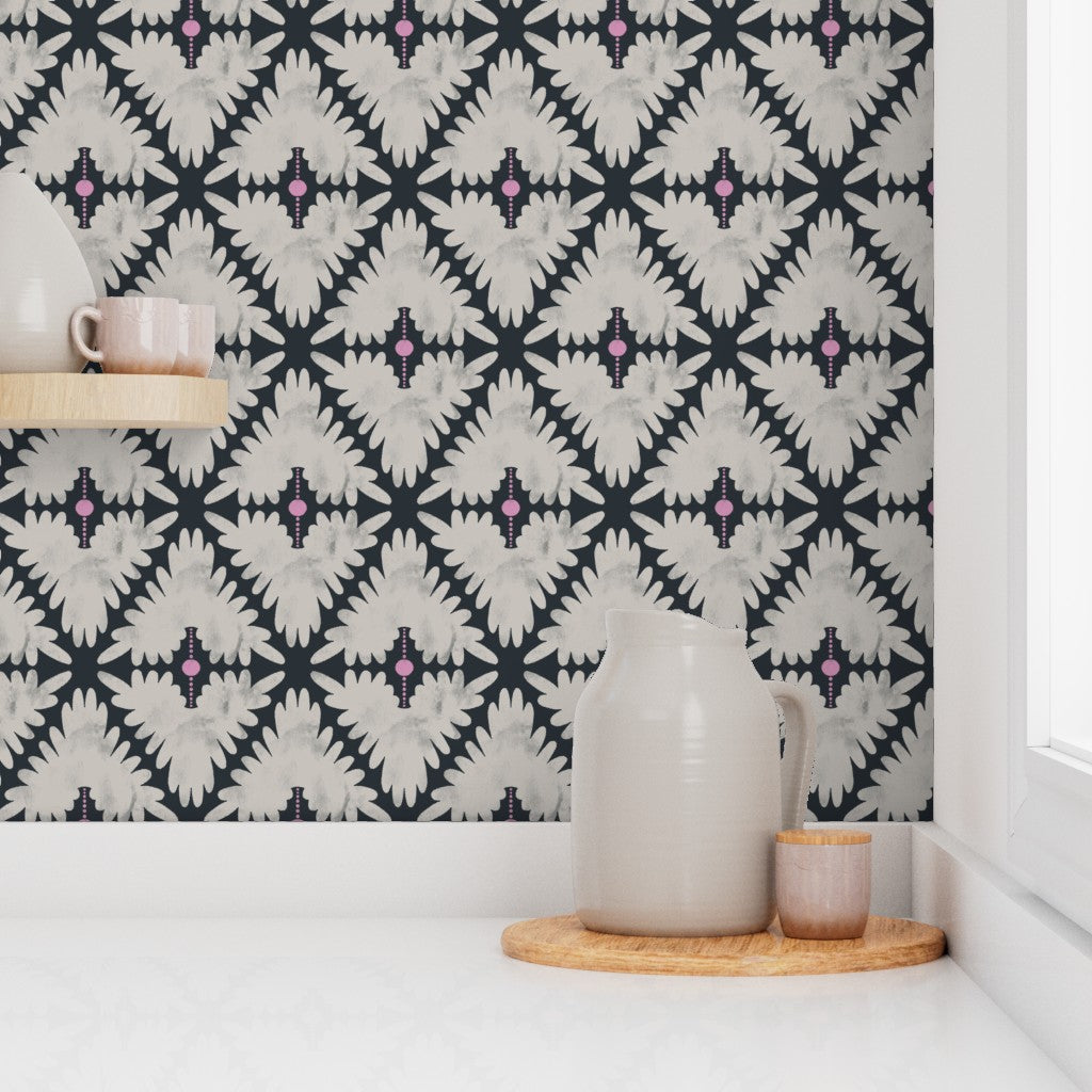 Decorative wallpaper with a geometric pattern in a room with ceramic jars and a wooden tray. Designed by artist Leila Simon Hayes.