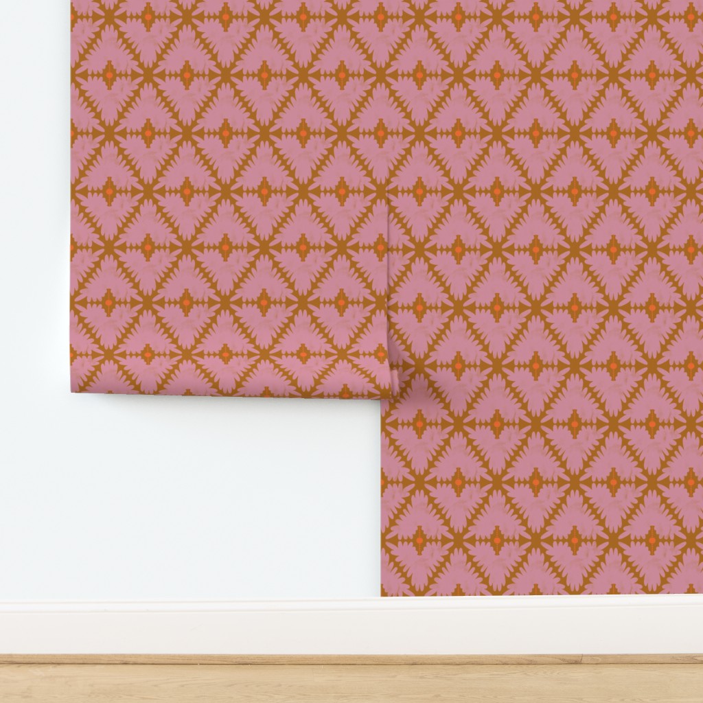 Pink and orange geometric patterned wallpaper on a white background. Designed by artist Leila Simon Hayes.