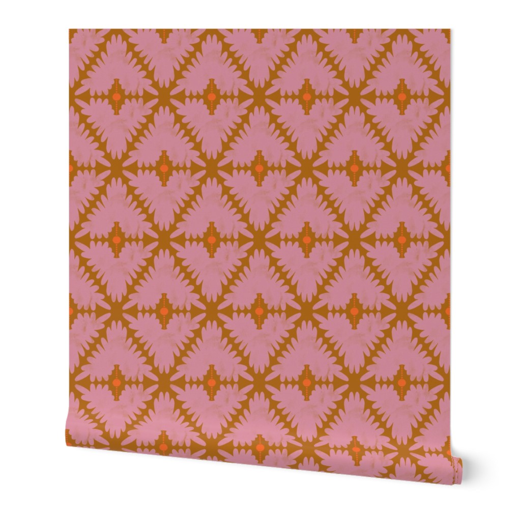 Roll of pink and orange patterned wallpaper on a white background. Designed by artist Leila Simon Hayes.