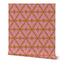 Roll of pink and orange patterned wallpaper on a white background. Designed by artist Leila Simon Hayes.